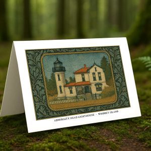 Admiralty Head Lighthouse greeting card – William Morris style Whidbey Island landmark illustration on blank A7 card with envelope