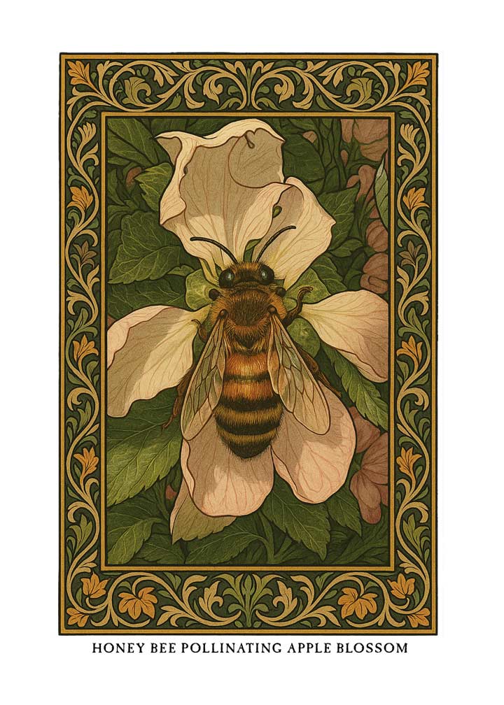 Honey Bee Pollinating Apple Blossom greeting card – William Morris style botanical illustration on blank A7 card with envelope