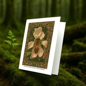 Honey Bee Pollinating Apple Blossom greeting card – William Morris style botanical illustration on blank A7 card with envelope