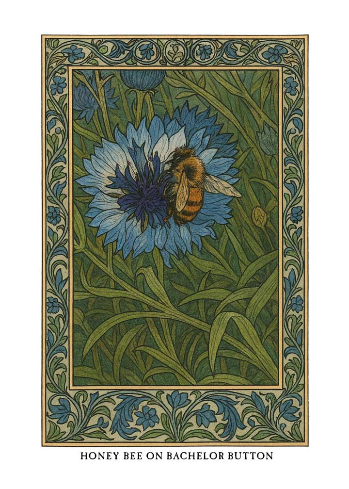 Honey Bee on Bachelor Button greeting card – William Morris style botanical illustration on blank A7 card with envelope