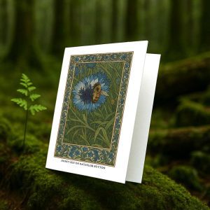 Honey Bee on Bachelor Button greeting card – William Morris style botanical illustration on blank A7 card with envelope