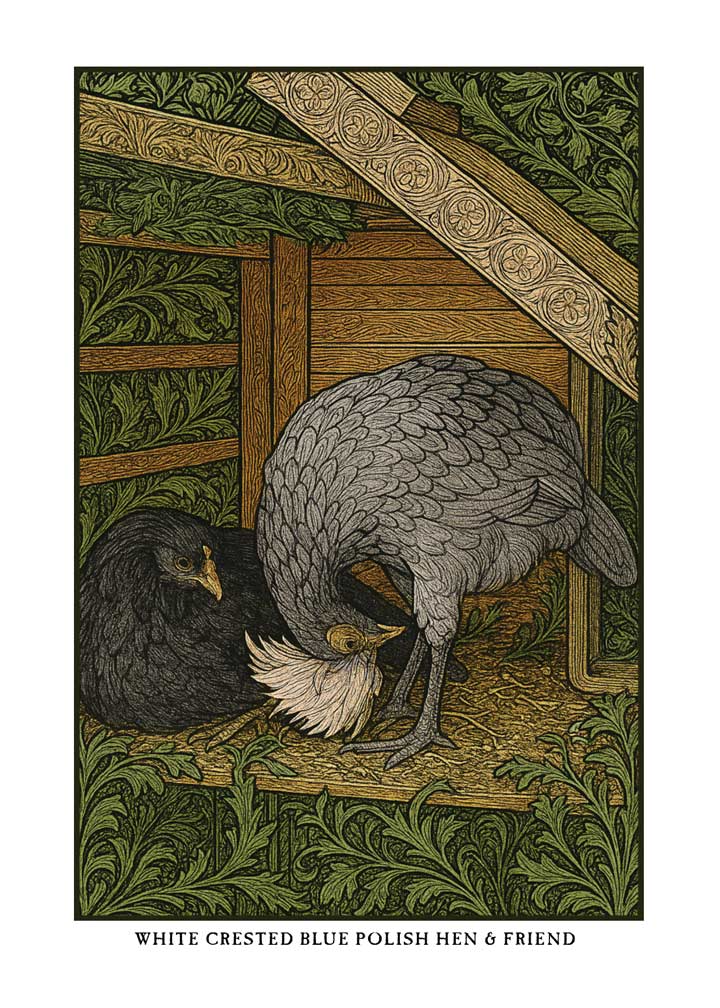 White Crested Blue Polish Hen and friend greeting card – William Morris style poultry art on blank A7 card with envelope