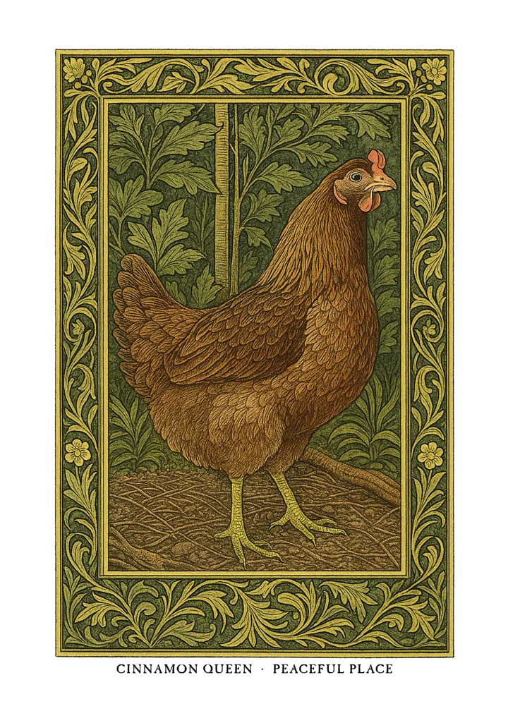 Cinnamon Queen Hen greeting card – William Morris style poultry illustration on blank A7 card with envelope