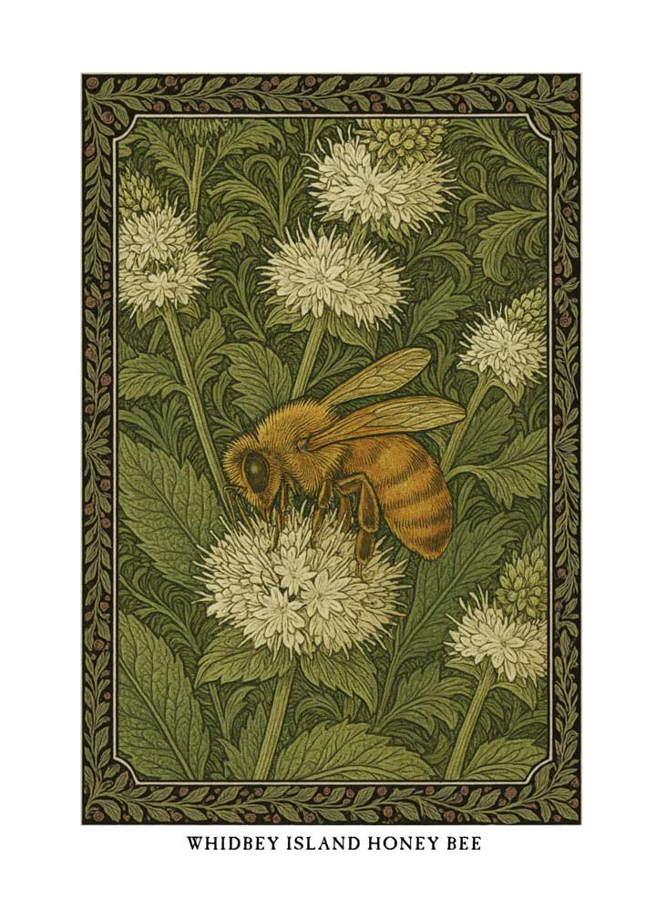 Whidbey Island Honey Bee greeting card – William Morris style botanical illustration on blank A7 card with envelope