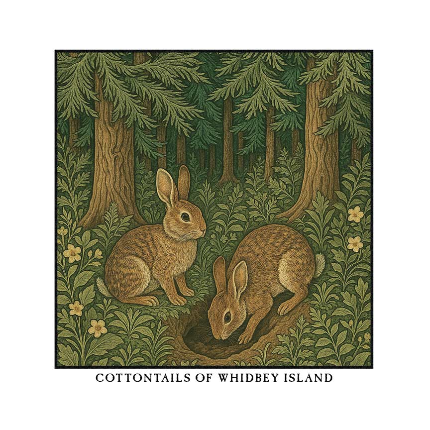 Cottontails of Whidbey Island greeting card – William Morris style rabbit illustration on blank square card with envelope