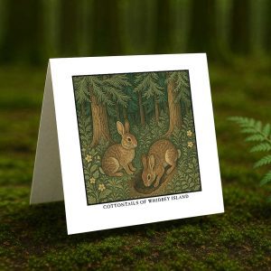 Cottontails of Whidbey Island greeting card – William Morris style rabbit illustration on blank square card with envelope