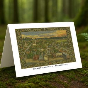 Downtown Coupeville Whidbey Island greeting card – William Morris style historic town illustration on blank A7 card with envelope