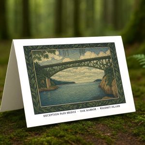 Deception Pass Bridge greeting card – William Morris style Whidbey Island landmark illustration, blank A7 card with envelope