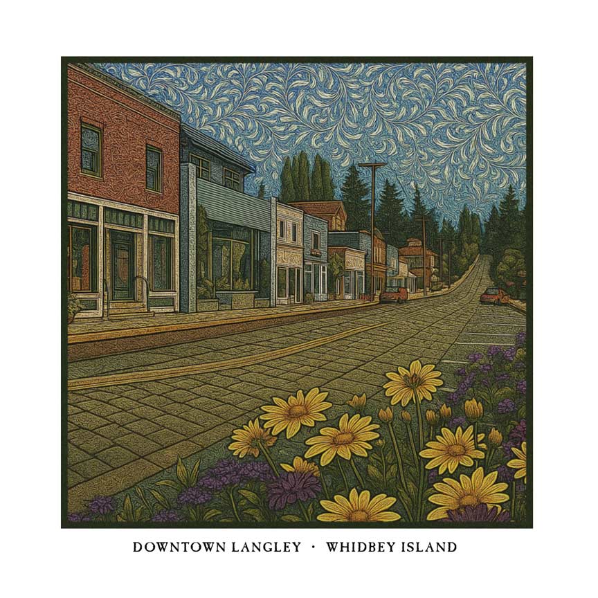 Downtown Langley Whidbey Island greeting card – William Morris style townscape illustration on blank square card with envelope