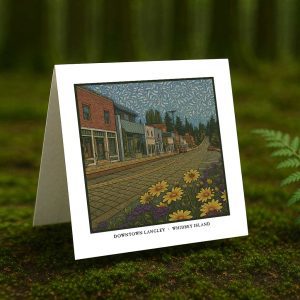 Downtown Langley Whidbey Island greeting card – William Morris style townscape illustration on blank square card with envelope