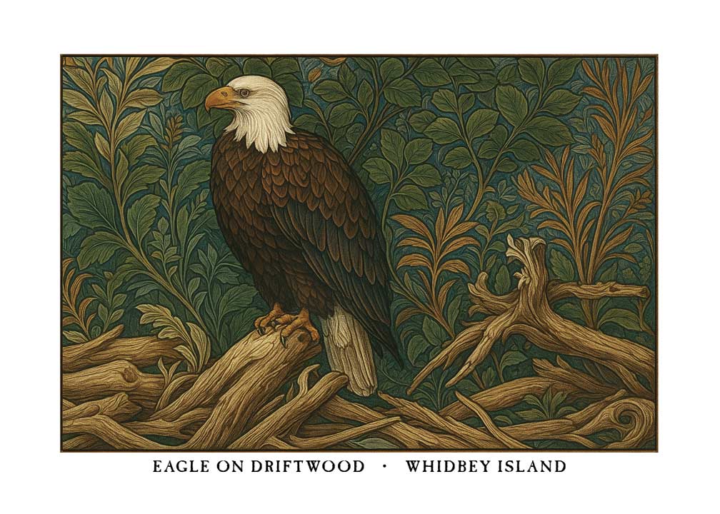 Eagle on Driftwood Whidbey Island greeting card – William Morris style bald eagle illustration on blank A7 card with envelope