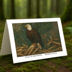 Eagle on Driftwood Whidbey Island greeting card – William Morris style bald eagle illustration on blank A7 card with envelope