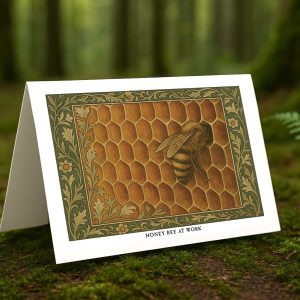 Honey Bee at Work greeting card – William Morris style honeycomb illustration on blank A7 card with envelope