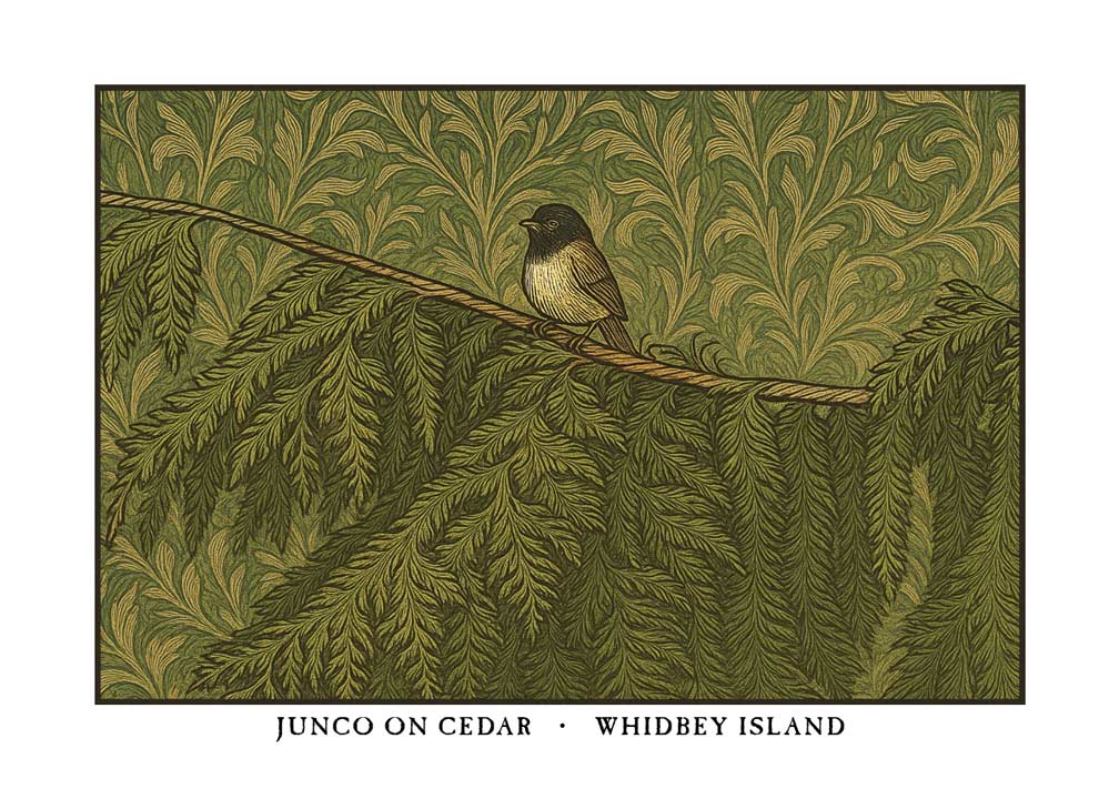 Junco on Cedar Whidbey Island greeting card – William Morris style bird illustration on blank A7 card with envelope