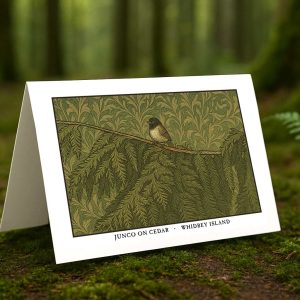 Junco on Cedar Whidbey Island greeting card – William Morris style bird illustration on blank A7 card with envelope