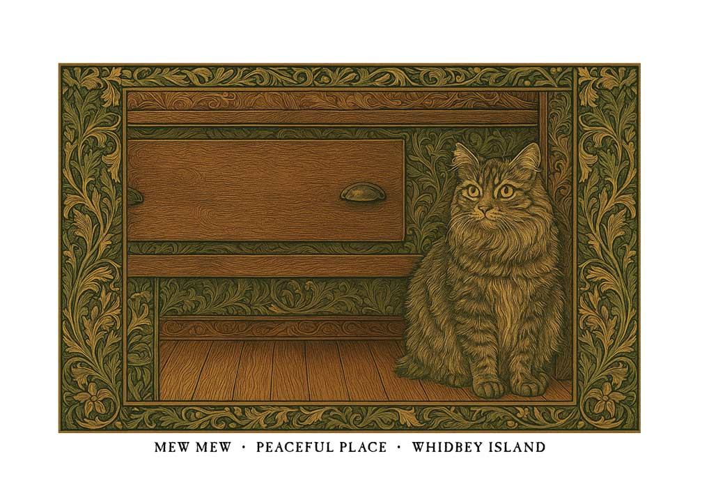 Mew Mew the cat greeting card – William Morris style pet portrait illustration on blank A7 card with envelope
