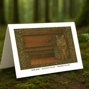 Mew Mew the cat greeting card – William Morris style pet portrait illustration on blank A7 card with envelope