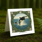 Orcas Puget Sound greeting card – William Morris style marine illustration on blank square card with envelope