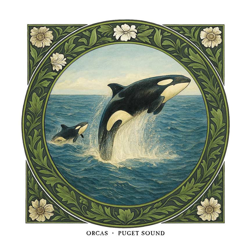 Orcas Puget Sound greeting card – William Morris style marine illustration on blank square card with envelope