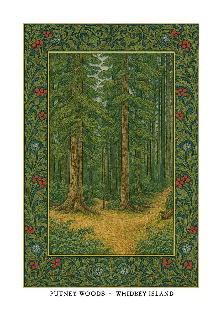 Putney Woods Whidbey Island greeting card – William Morris style forest illustration on blank A7 card with envelope