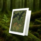 Whidbey Island Ravens greeting card – William Morris style woodland illustration with ravens and chickens on blank A7 card with envelope