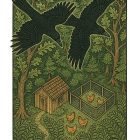 Whidbey Island Ravens greeting card – William Morris style woodland illustration with ravens and chickens on blank A7 card with envelope