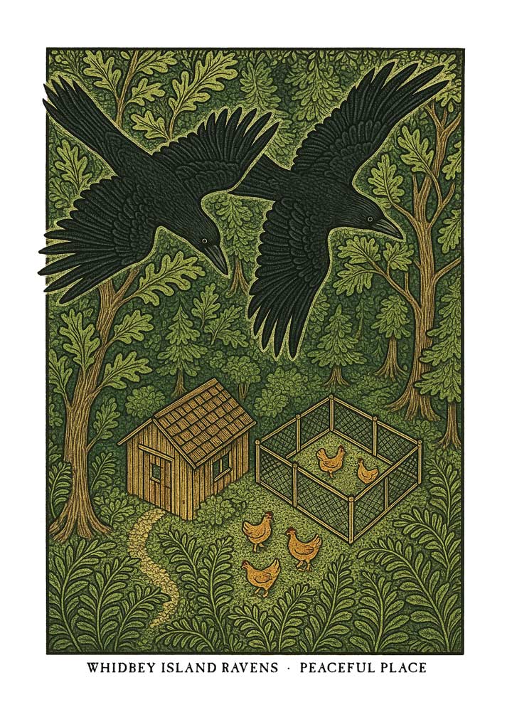 Whidbey Island Ravens greeting card – William Morris style woodland illustration with ravens and chickens on blank A7 card with envelope