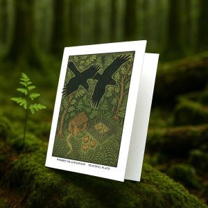 Whidbey Island Ravens greeting card – William Morris style woodland illustration with ravens and chickens on blank A7 card with envelope
