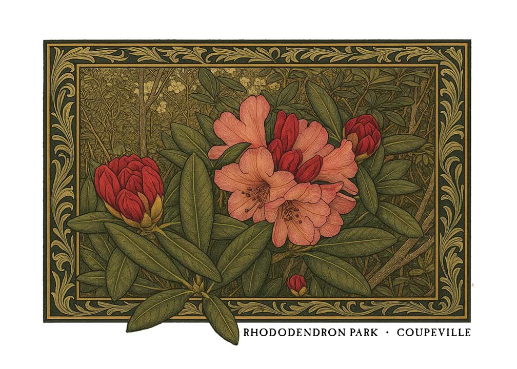 Rhododendron Park Coupeville greeting card – William Morris style floral illustration on blank A7 card with envelope