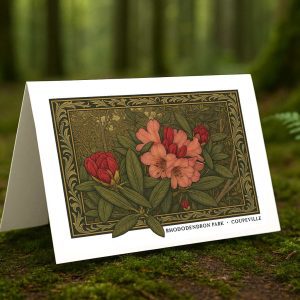 Rhododendron Park Coupeville greeting card – William Morris style floral illustration on blank A7 card with envelope