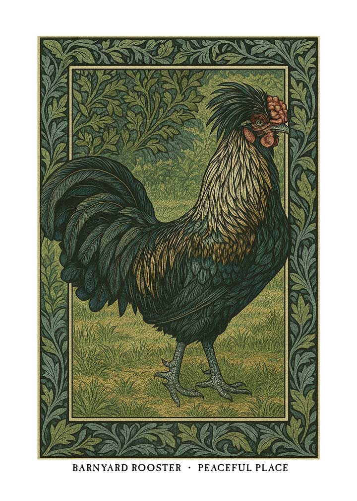 Barnyard Rooster greeting card – William Morris style farm animal illustration on blank A7 card with envelope