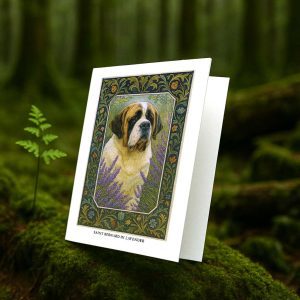 Saint Bernard in Lavender greeting card – William Morris style dog illustration on blank A7 card with envelope