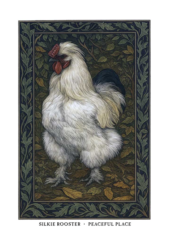 Silkie Rooster greeting card – William Morris style poultry illustration on blank A7 card with envelope