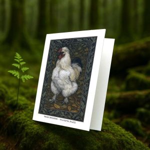 Silkie Rooster greeting card – William Morris style poultry illustration on blank A7 card with envelope