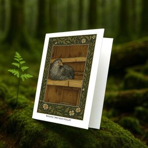 Whiting True Blue Pullet greeting card – William Morris style poultry illustration on blank A7 card with envelope