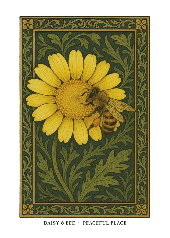 Greeting card with William Morris–inspired illustration of a daisy and honeybee