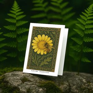 Greeting card with William Morris–inspired illustration of a daisy and honeybee